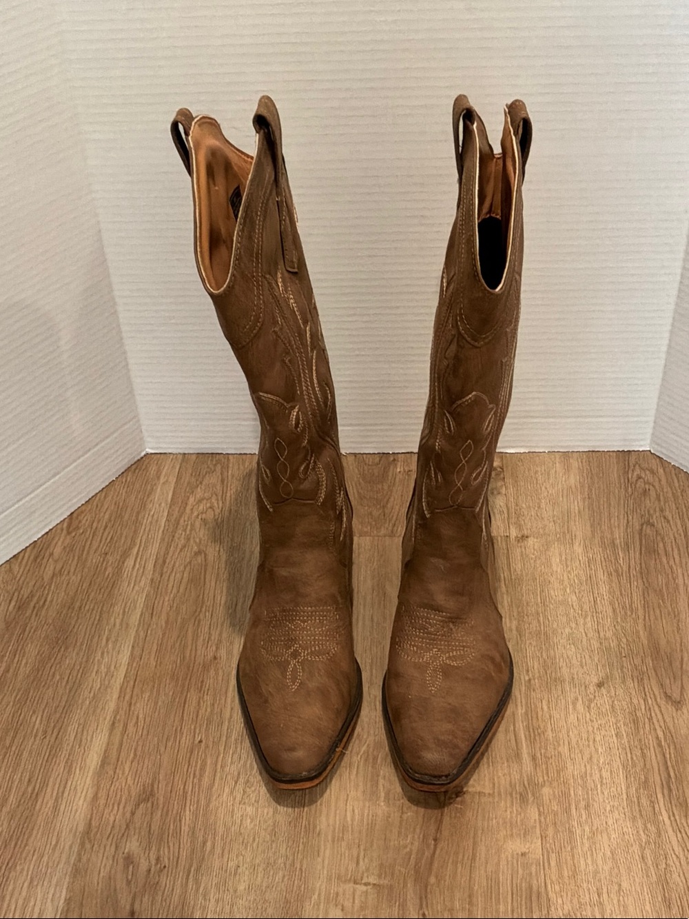 Tan cowboy boots for women western cowgirl chunky heel pointy toe mid calf 8.5